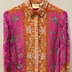 Maeve Pink and Orange Scarf-Print Button Front Blouse
